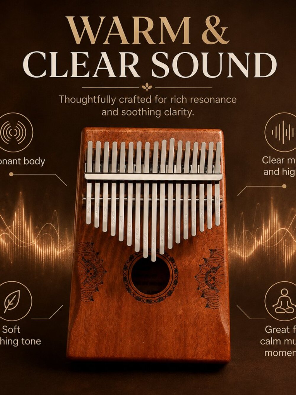 17 Key Mahogany Kalimba Lotus Design Wooden Thumb Piano Gift - Picture 6 of 10